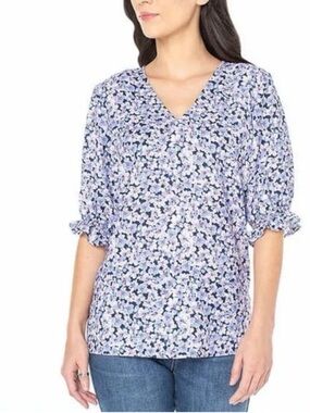 NWT-WELL WORN V NECK POPOVER PUFF SMOCKED SLEEVES FLORAL BLOUSE